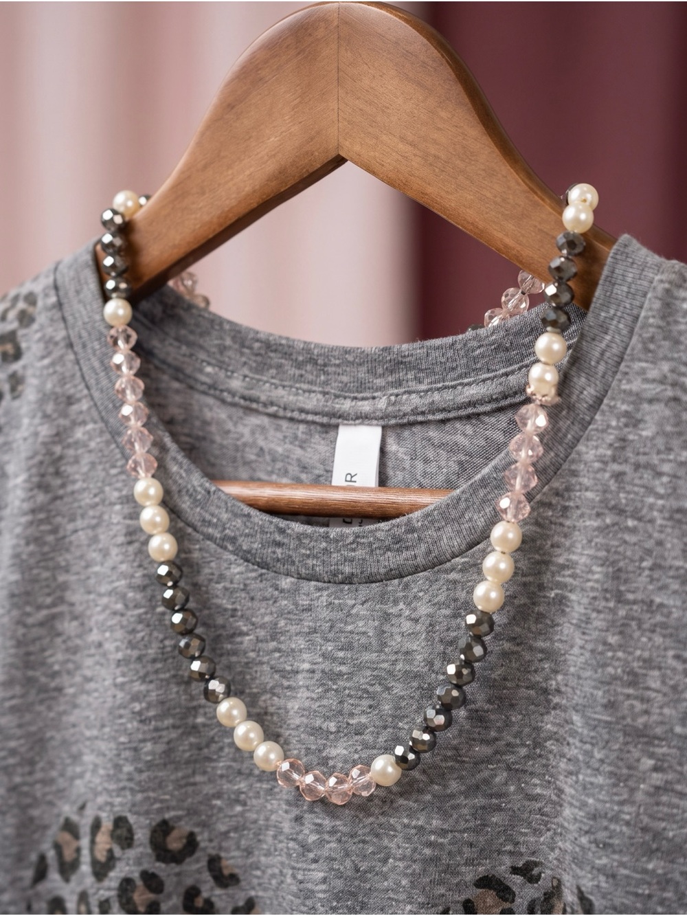 Pearl & Crystal Beaded Necklace in Pink, Gray and Cream 32 in in length